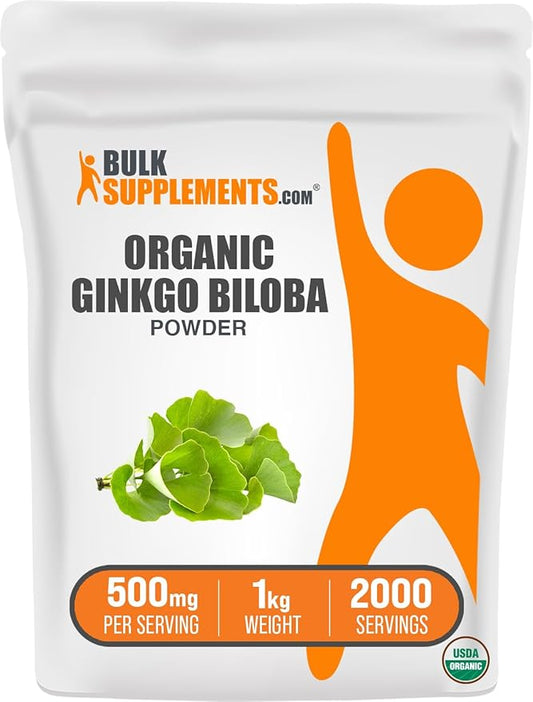 BulkSupplements.com Organic Ginkgo Biloba Powder - Ginkgo Biloba Supplements, Ginkgo Biloba Organic - from Ginkgo Biloba Leaf, Vegan - 500mg per Serving, 1kg (2.2 lbs) (Pack of 1)