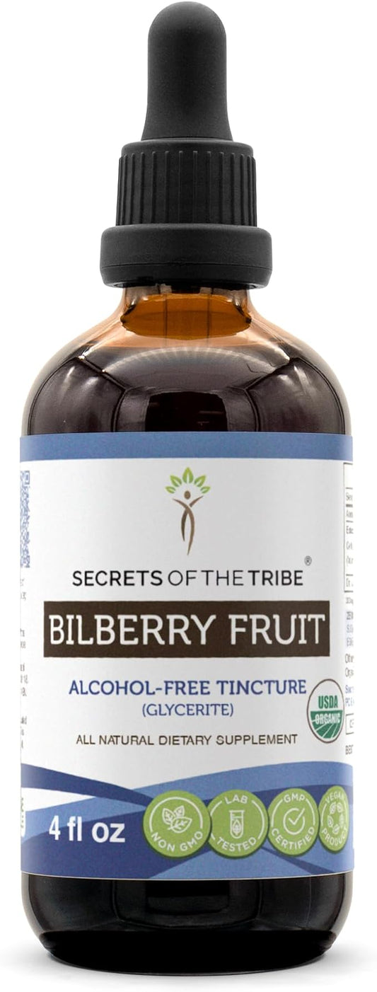Secrets of the Tribe Bilberry Fruit USDA Organic | Alcohol-Free Extract, High-Potency Herbal Drops, Vision | Made from 100% Certified Organic Bilberry (Vaccinium Myrtillus) Dried Fruit 4 oz
