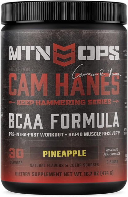 MTN OPS BCAA Powder, 2:1:1 Amino Acids Supplement Powder for Rapid Muscle Recovery & Repair with Zero Sugar & Gluten Free - 30-Serving Tub Pineapple Flavor, Cameron Hanes Keep Hammering Series