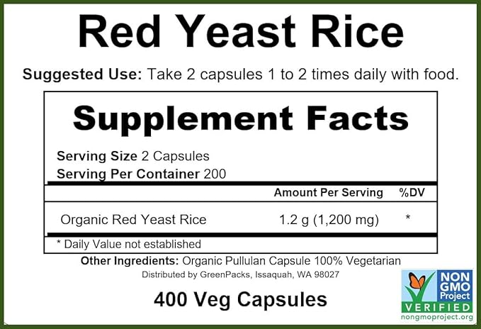 GreenPacks® Organic Red Yeast Rice, 1200 mg. per Serving (600 mg. per Capsule) Supplement - 400 Capsules