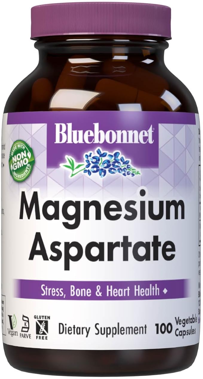 Bluebonnet Nutrition Magnesium 400 mg Chelated Magnesium Aspartate Daily Mineral, Heart & Bone Support* Supplement for Men & Women Vegan, Non-GMO - 100 Vegetable Capsules