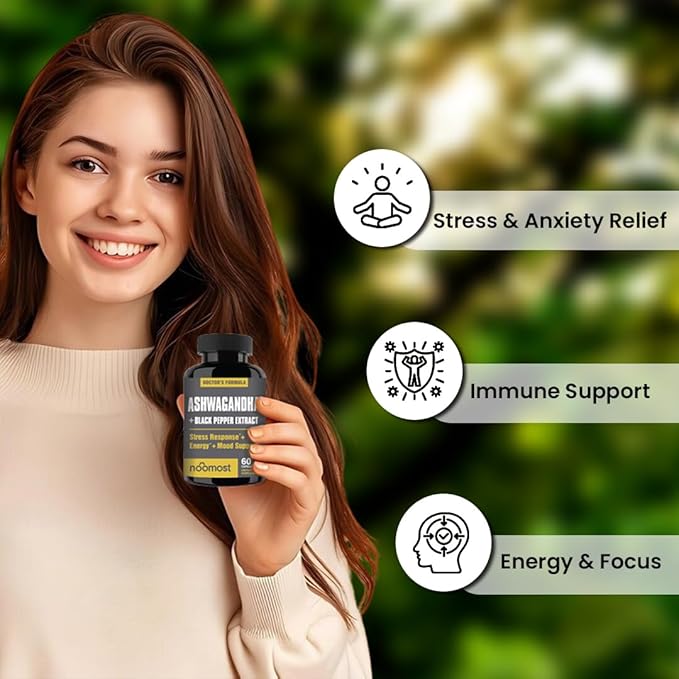 Organic Ashwagandha Capsules w/Black Pepper Extract as Vegan Ashwagandha Supplements for Anti Stress Relief, Natural Mood Support, Energy & Focus-60 Capsules