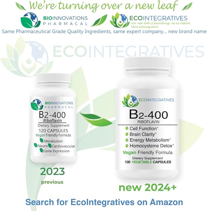 EcoIntegratives B2-400 Pure Riboflavin - Nervous System Health, Homocysteine Detox, Cardiovascular, Helps Boost Energy, Mental Clarity, Metabolism and Cell Function 120 Vegan Capsules