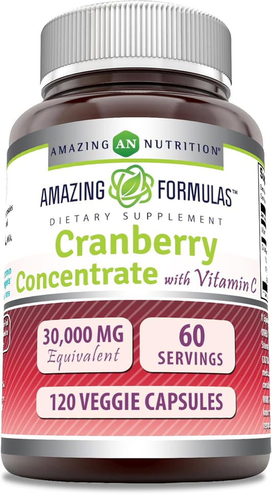Amazing Formulas Cranberry Concentrate 30,000 mg with Vitamin C Supplement | Veggie Capsules | Super Strength | Non-GMO | Gluten Free | Made in USA (1 Pack, 120 Count)