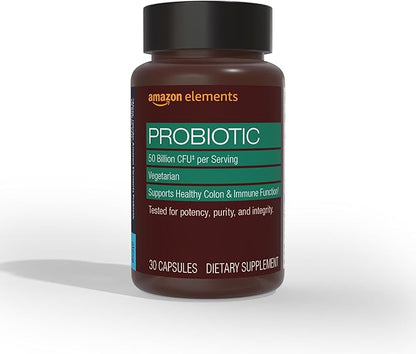 Amazon Elements - One Daily Adult Probiotic Blend, Supports Healthy Colon and Immune Function, 50 Billion CFU (2 Strains), 30 Capsules, 1 Month Supply