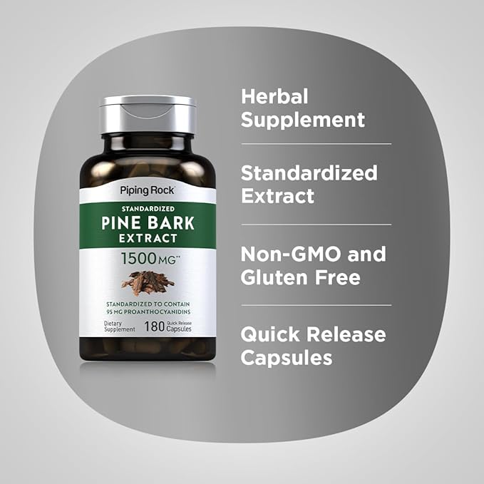 Piping Rock Pine Bark Extract Capsules | 1500mg | 180 Count | Non-GMO, Gluten Free Supplement