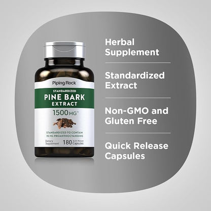 Piping Rock Pine Bark Extract Capsules | 1500mg | 180 Count | Non-GMO, Gluten Free Supplement