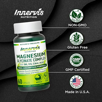 Magnesium Glycinate Complex 60 Capsules with Vitamin B6, D3, Citric Acid Supplement for Muscle, Bones, Sleep, Energy