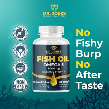 Fish Oil Omega 3 - No Fishy Burp - 150 Softgels - Non GMO - Made in The USA