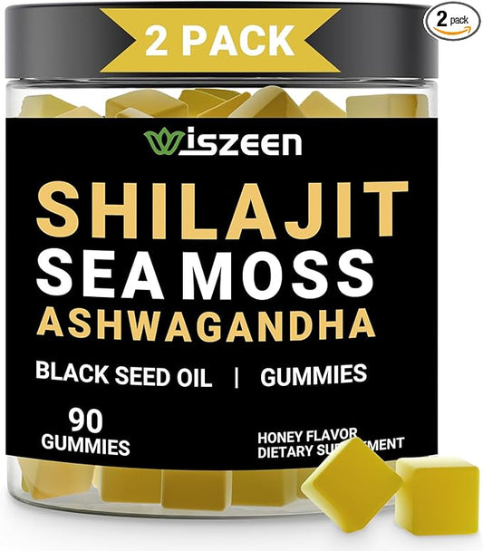 Shilajit Ashwagandha Sea Moss Gummies with Black Seed Oil - Ashwagandha + Shilajit + Sea Moss + Black Seed + Burdock - All in 1 Supplements for Energy, Immune Support