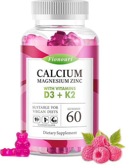 Calcium Magnesium Zinc Gummies with Vitamin D3 & K2 - High Potency Enhanced Absorption -60 Raspberry Gummies Flavored