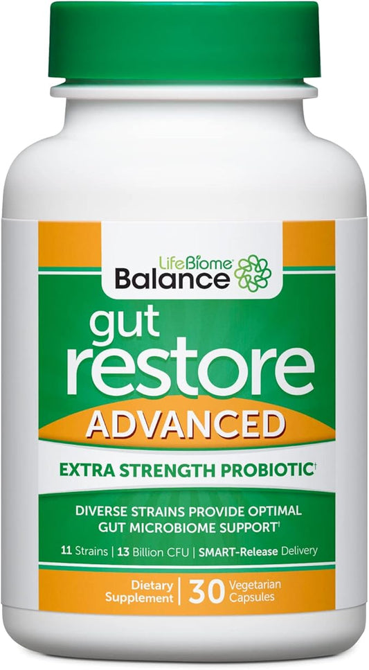 Dr. Drew Sinatra’s LifeBiome Gut Restore Advanced, Maximum Strength Microbiome Probiotic with Fermented Botanicals, 11 Multi Strains, 30 Once-Daily Capsules, Vegetarian, Soy-, Dairy-, and Gluten Free