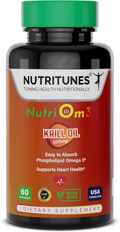 NutriOm3-500mg Antarctic Krill Oil Omega 3 Supplement for Cardiovascular Health - Easy Absorb Heart Supplement with Omega-3, EPA, DHA - Non-GMO, GMP-Certified, Allergen-Free - 60 Softgels