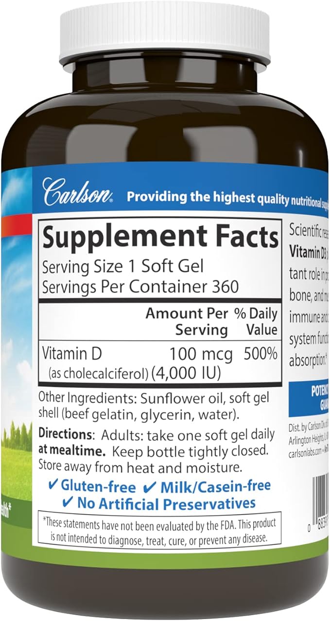Carlson - Vitamin D3 4000 IU (100 mcg), Immune Support, Bone Health, Muscle Health, Cholecalciferol, Vitamin D Supplements, Vitamin D3 Soft Gels, 360 Softgels