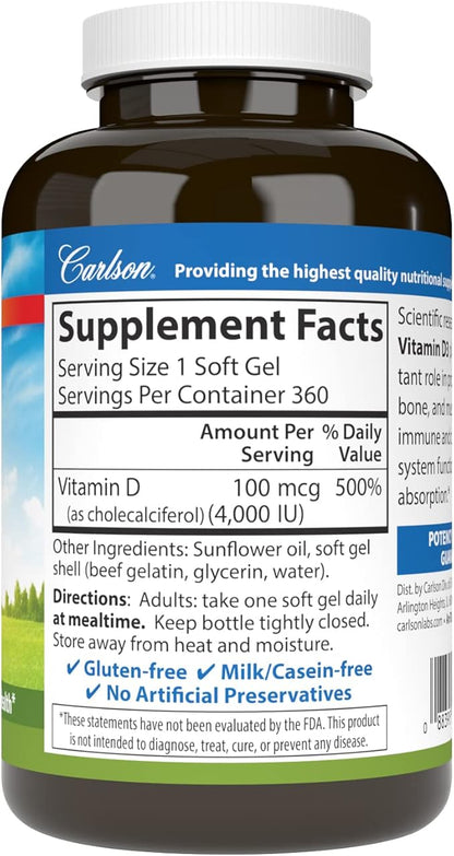 Carlson - Vitamin D3 4000 IU (100 mcg), Immune Support, Bone Health, Muscle Health, Cholecalciferol, Vitamin D Supplements, Vitamin D3 Soft Gels, 360 Softgels