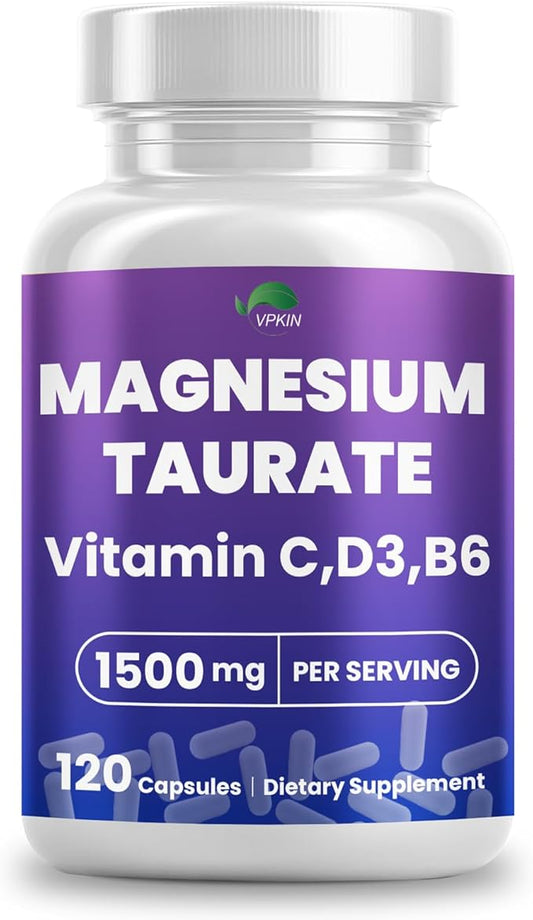 Magnesium Taurate Supplement 1500mg,with Vitamins B6, C & D3,High Absorption for Energy,Vegan, Gluten Free,120 Capsules,2 Month Supply