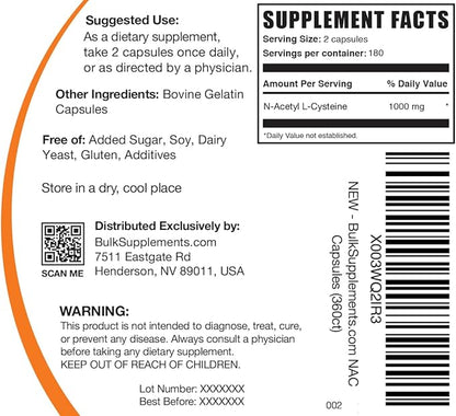 BulkSupplements.com N-Acetyl L-Cysteine 1000mg Capsules - N-Acetyl Cysteine 1000mg, NAC Supplement - NAC 1000mg, Gluten Free - 2 Capsules per Serving, 360 Capsules (Pack of 1)