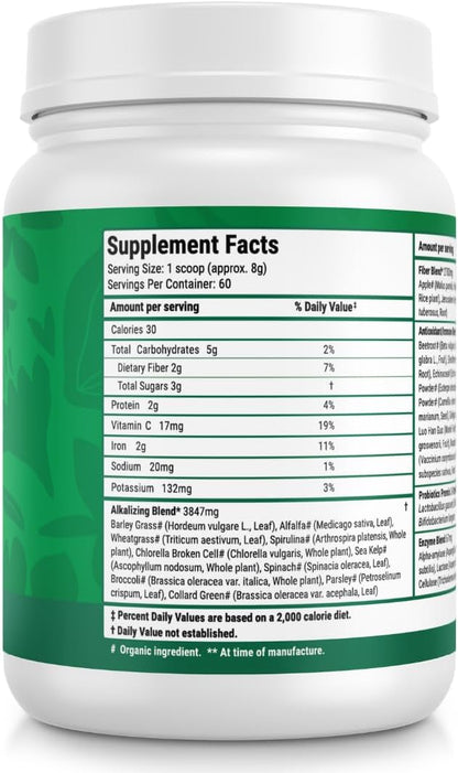 Super Greens Daily Greens Superfood Powder - Certified USDA Organic Green Powder w/20+ Whole Foods, Spirulina Powder, Wheat & Barley Grass - Probiotics, Fiber & Enzymes - Original Flavor, 60 Servings