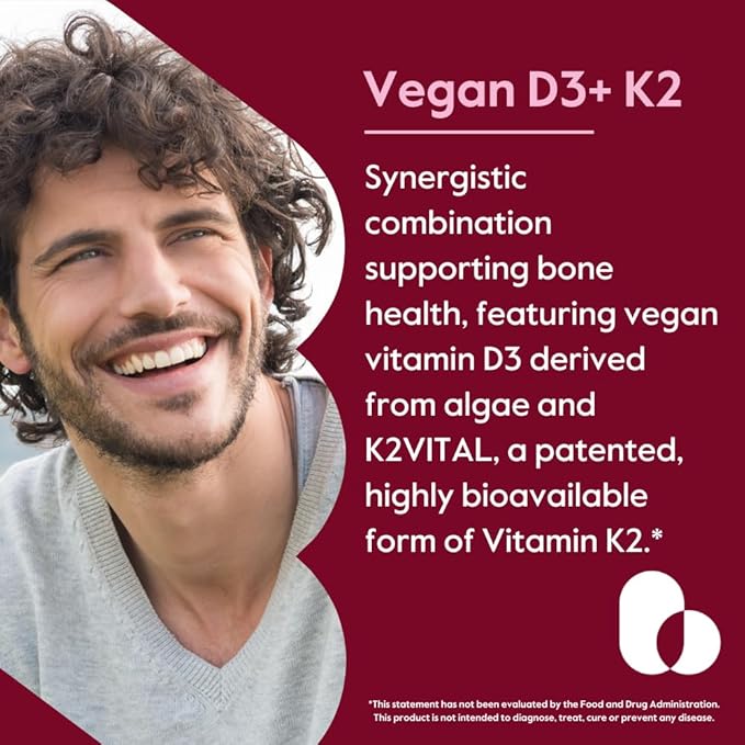 BESTVITE Vegan Vitamin D3 5000 IU + Vitamin K2 100 mcg as MK-7 (120 Vegetarian Capsules) - No Stearates - Vegan - Non GMO - Gluten Free