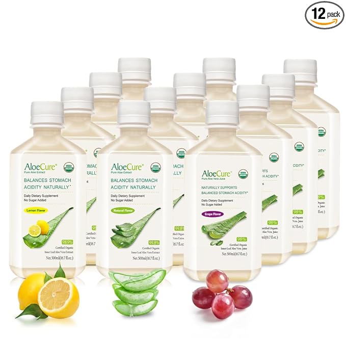 AloeCure Organic Aloe Vera Juice - 12 Bottle Sample Pack - Grape, Lemon, Natural Flavor, 12x500ml