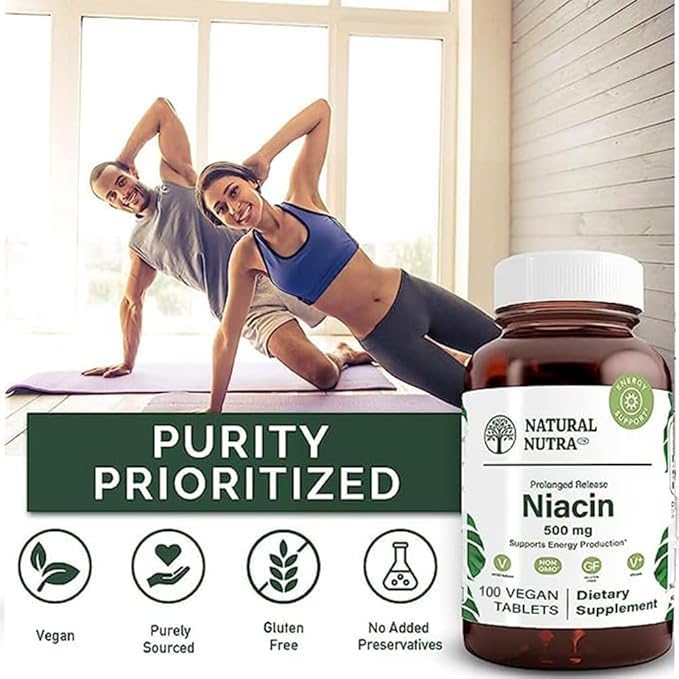 Natural Nutra Time-Release Slow Niacin 500mg (Vitamin B3), Support Energy Production, Promotes Cardiovascular Health, Promotes Skin Health and perceptual Function, 100 Vegan and Vegetarian Tablets