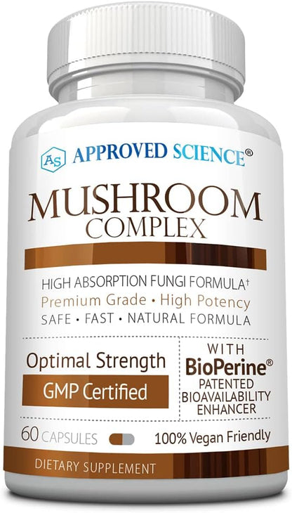 Approved Science Mushroom Complex - Support The Immune System and Cognitive Function - with Lion’s Mane, Chaga, Reishi, Turkey Tail, Shiitake, Oyster, and More - 60 Capsules - Vegan