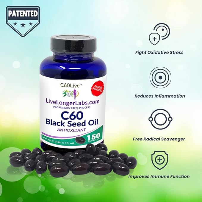 Carbon 60 (Fullerene) with Black Seed Oil - Antioxidant Supplement - for Blood Pressure, Cholesterol & Liver Support - All Natural Ingredients - 150 Gel Capsules