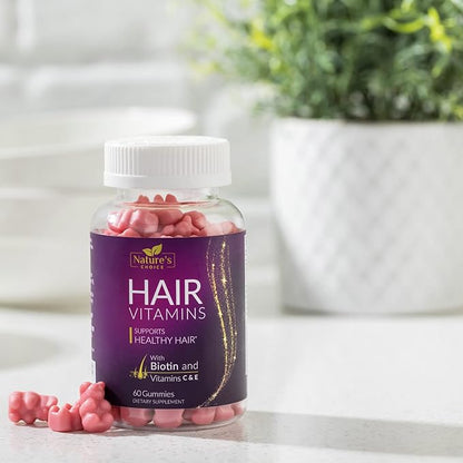 Hair Vitamins Gummies with Biotin 5000 mcg Vitamin E & C Support Hair Growth Gummy, Premium Vegetarian Non-GMO, for Stronger, Beautiful Hair, Skin & Nails, Biotin Gummies Supplement - 60 Gummy Bears