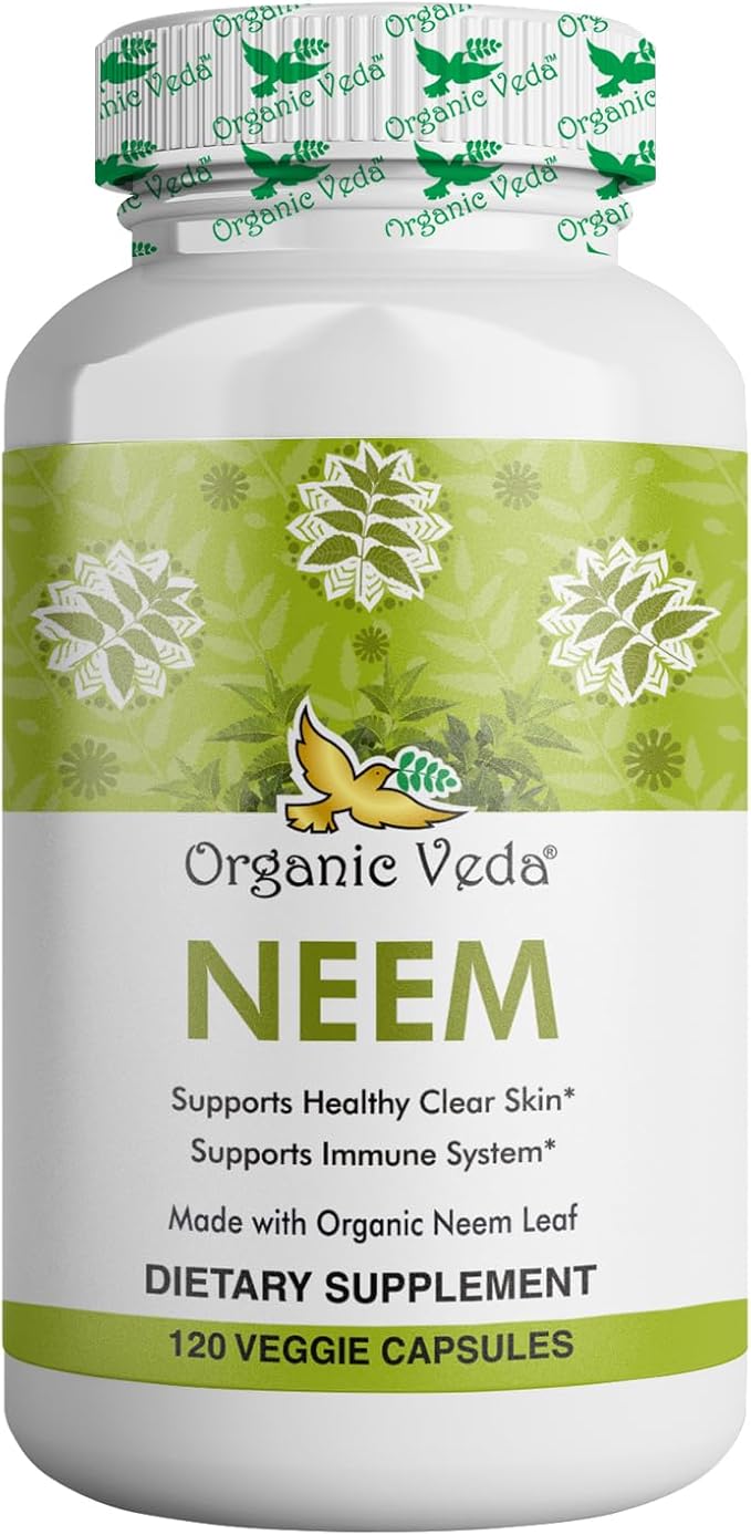 Organic Veda Neem Capsules, 1000mg - Organic Herbal Supplement Made with Ayurvedic India Neem Leaf Powder - Supports Radiant Skin, Immune, Detox, Healthy Inflammatory Response - 120 Veggie Capsules