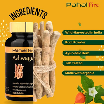 Ashwagandha Organic Herbal Supplement 500mg pr Serving 100 Capsule 50 Days Supply Stress Relief Energy Support Wild harvested in India with Lab Test Report GlutenFree