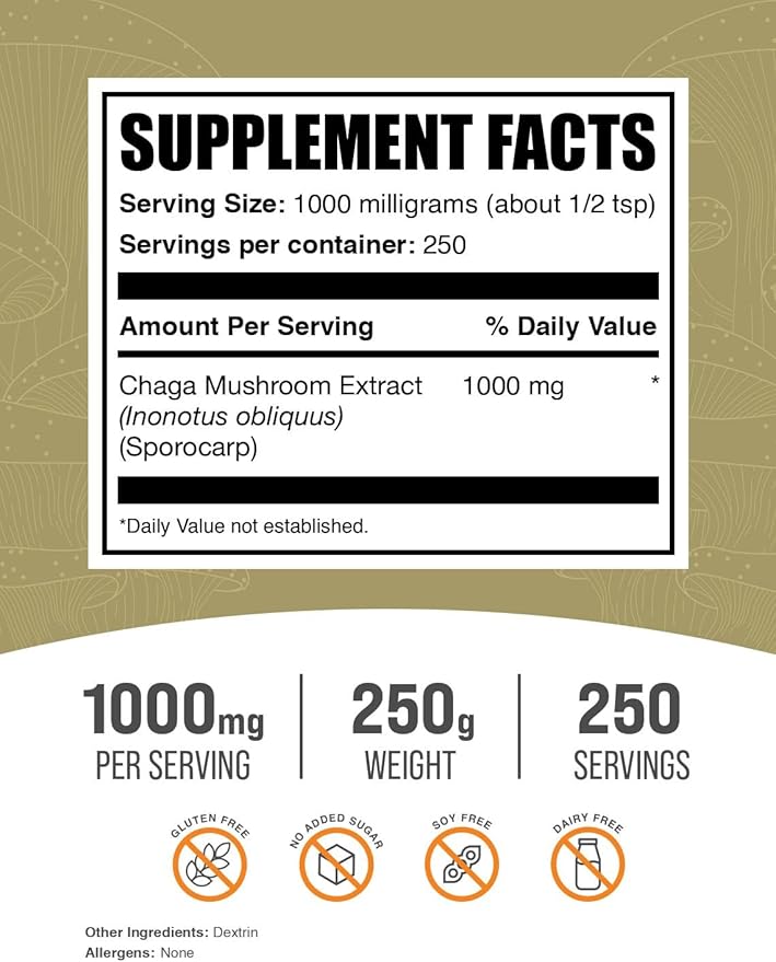 BulkSupplements.com Chaga Mushroom Extract Powder - Superfood Supplement, Chaga Mushrooms Powder - Gluten Free, 1g per Serving, 250g (8.8 oz) (Pack of 1)