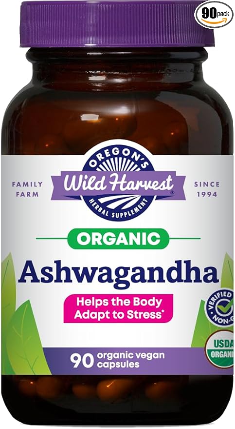 Oregon's Wild Harvest Certified Organic Ashwagandha Herbal Vegan Capsules, 1200 MGS, 90 Count