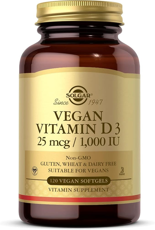 SOLGAR Vegan Vitamin D3 (Cholecalciferol) 25 mcg (1,000 IU) - 120 Softgels - Immune Support, Helps Maintain Healthy Bones & Teeth - Non-GMO, Certified Vegan, Gluten & Dairy Free - 120 Servings