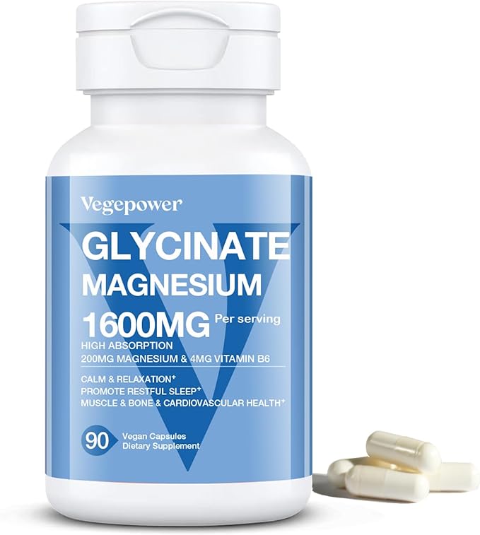 Magnesium Glycinate 200mg with Vitamin B6, 100% Chelated Magnesium Supplements for High Absorption, Magnesium for Sleep, Muscle, Nerve and Bone Health, Gentle On Stomach, Non-GMO, 90 Capsules