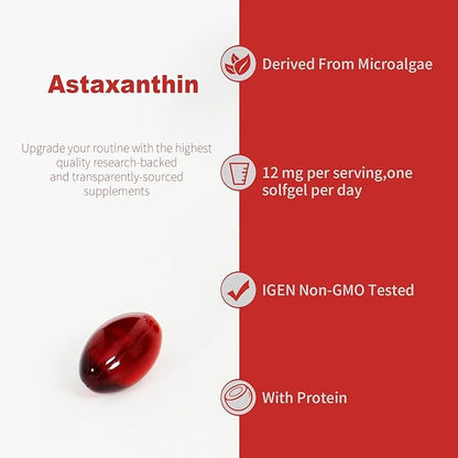 Premium Astaxanthin 12mg Softgels- 120 Servings, Supports Immune, Skin, Eye & Joint Health-Non-GMO, Gluten-Free, Microalgae Extract Supplement