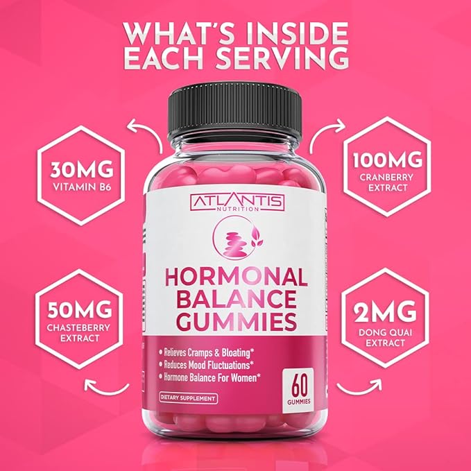 Atlantis Nutrition Hormonal Balance for Women & PMS Relief Gummies - Alleviates Cramps, Bloating, Mood Swings, Hot Flashes & Night Sweats - Cranberry, Dong Quai & Chasteberry Menstrual Cramp Relief