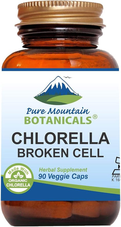 Pure Mountain Botanicals Broken Cell Wall Chlorella Capsules - 90 Kosher Vegan Caps Now with 500mg Organic Chlorella Powder