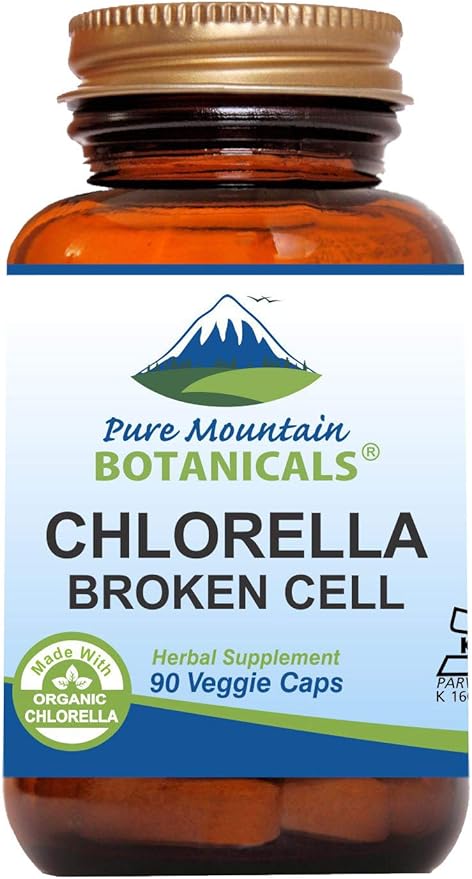 Pure Mountain Botanicals Broken Cell Wall Chlorella Capsules - 90 Kosher Vegan Caps Now with 500mg Organic Chlorella Powder