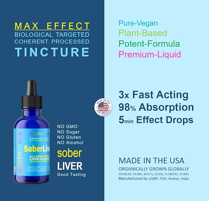 Sober Liver 2oz. Plant-Based Liver Cleanse and Detox Support + 100% Natural Hydration Liver Health Supplement Reishi Milk Thistle Rhodiola + Vegan 15 Herbals Fast Absorb Tincture Liquid