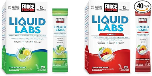 Bundle of FORCE FACTOR Liquid Labs Electrolytes Powder, Hydration Packets to Make Electrolyte Water with 5 Vitamins, Minerals, and Antioxidants, Lemon-Lime + Energy Fruit Punch Flavor, 40 Stick Packs