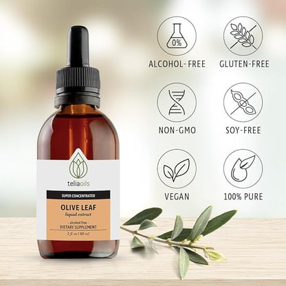 Teliaoils Premium Greek Olive Leaf Glycerin Extract, Rich in Antioxidant Oleuropein, Pure and Potent, Non-GMO, Vegan, Gluten-Free, Easy-to-Use, Alcohol-Free 2 fl oz. (60ml)