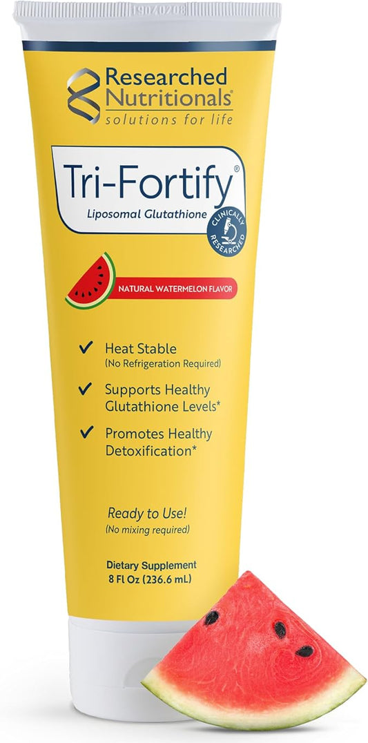 Researched Nutritionals Liposomal Glutathione (450mg) Liquid Gel + Vitamin C - Tri-Fortify - Aid Natural Energy, Immune Support & Detox - Clinically Researched for Absorption - Watermelon (8 Fl Oz)