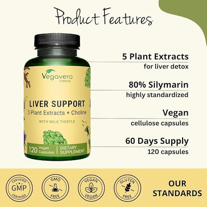 Liver Support | Milk Thistle Supplement 9000mg | 120 Capsules | Dandelion, Artichoke, Choline, Beetroot | Liver Cleanse Detox & Repair | with 80% Silymarin | NO Additive & Vegan