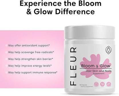 FLEUR Bloom & Glow Hair Skin and Nails Gummies, Hair Growth Supplement with Biotin & Inositol, Antioxidant Rich Vitamin A, C & E Gummies for Skin and Nail Repair, Sugar-Free, 60 Vegan Gummies