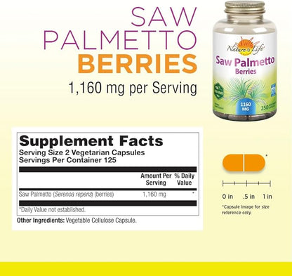 Nature's Life Saw Palmetto Berries 1160 mg | Healthy Prostate, Urination Frequency & Hair Health Support | Non-GMO | 250 Vegetarian Capsules