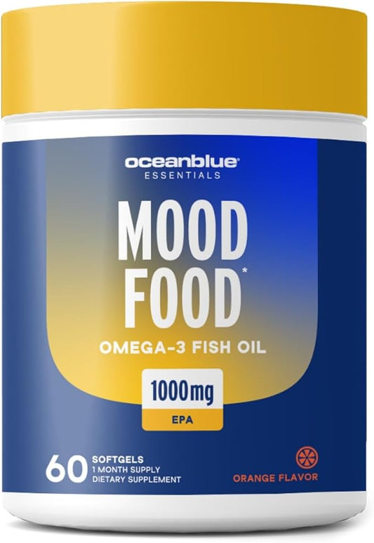 Oceanblue Essentials Mood Food Omega 3 - Triple Strength Burpless Fish Oil - High Potency 1000 MG EPA for Mood & Heart Support - Mini Softgels - Non-GMO - 60ct -1 Month Supply
