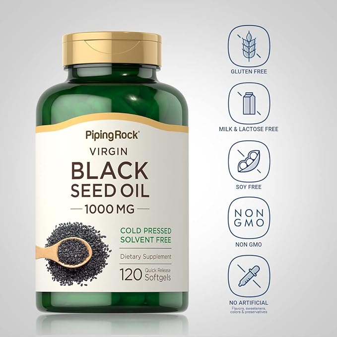 Piping Rock Black Seed Oil Softgel Capsules | 1000mg | 120 Pills | Cold Pressed Virgin | Solvent Free, Non-GMO, Gluten Free Supplement