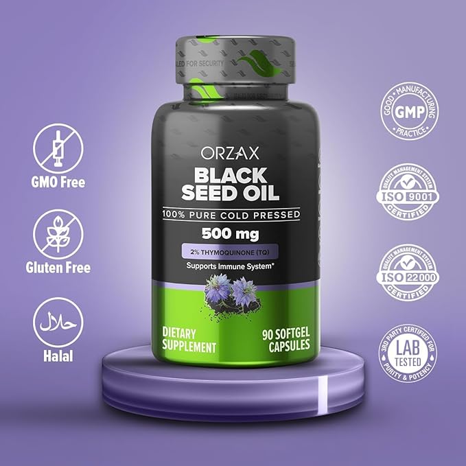 ORZAX Black Seed Oil Cold Pressed 100% Pure | Non-GMO - Rich in Omega 3 6 9 & Thymoquinone | Black Cumin Nigella Sativa Oil for Immune Support, Hair, Skin, Face (500 mg - 90 Softgel Capsules)