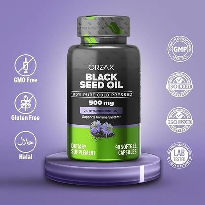 ORZAX Black Seed Oil Cold Pressed 100% Pure | Non-GMO - Rich in Omega 3 6 9 & Thymoquinone | Black Cumin Nigella Sativa Oil for Immune Support, Hair, Skin, Face (500 mg - 90 Softgel Capsules)