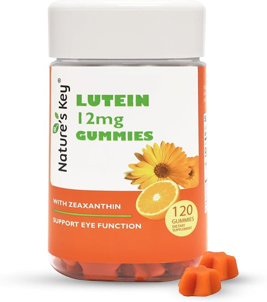 Nature's Key Lutein Gummies 12mg with Zeaxanthin & Vitamin A for Kids and Adults | Eye Health and Brain Function Supplement | Orange Flavor, 120Ct
